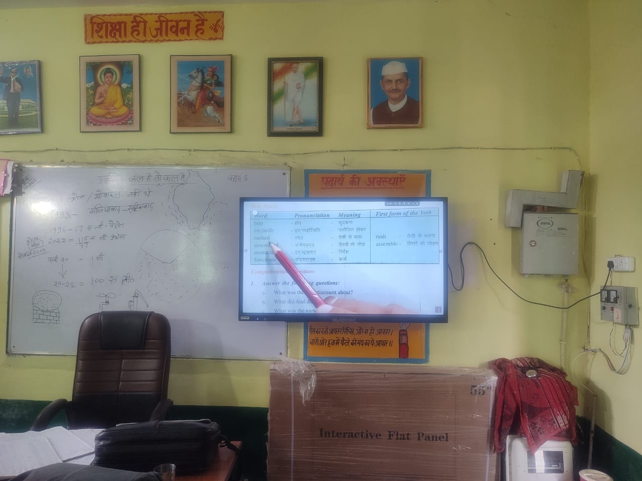 Classroom with a smart board showing English lesson content alongside a new Interactive Flat Panel box