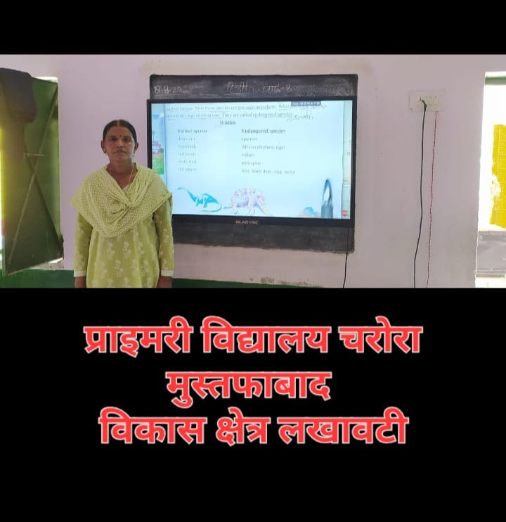 Teacher standing beside a smart board showing wildlife lesson at Primary Vidyalaya Charora, Mustafabad